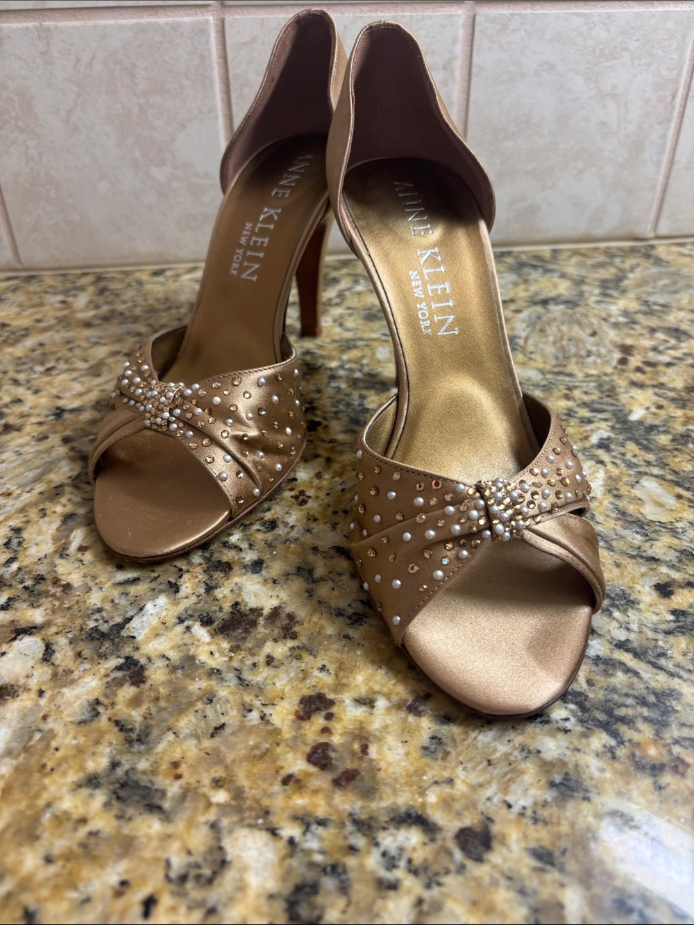 Anne Klein Bronze Satin Open-Toe Heels with Crystal Accents